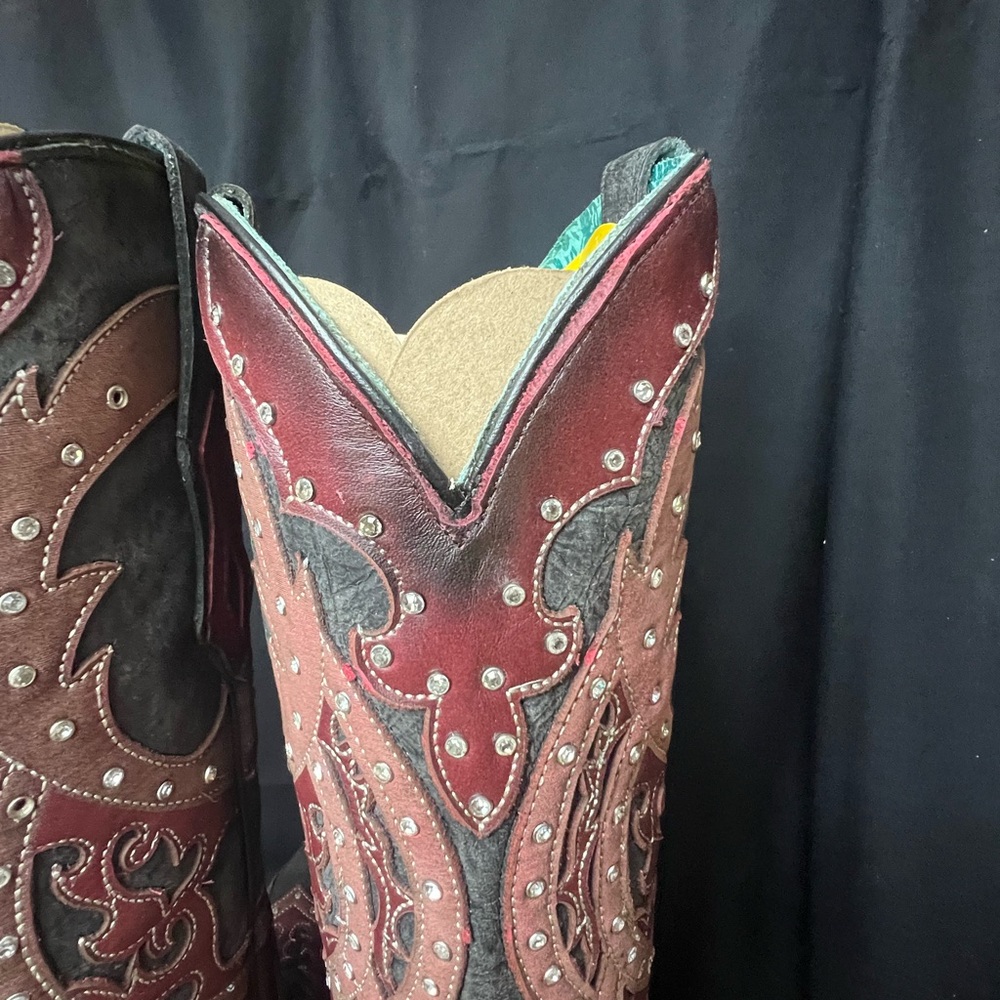 Corral Women's Western Boots Black/Red Overlay w/Rhinestone Studs. Size 10.5 - Picture 7 of 13